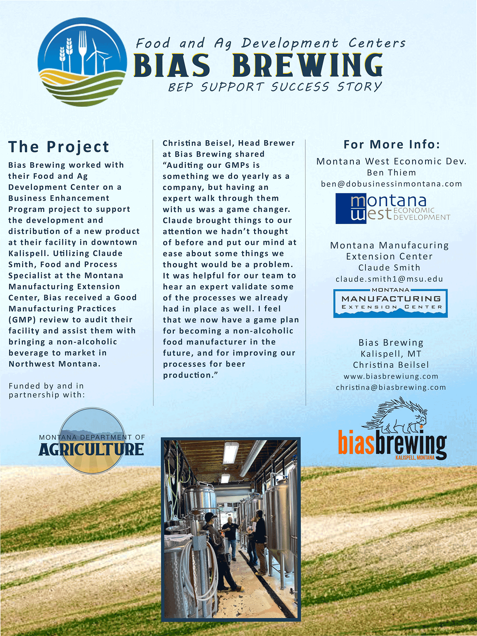 Bias Brewing - 3 people standing in large silver storage tanks